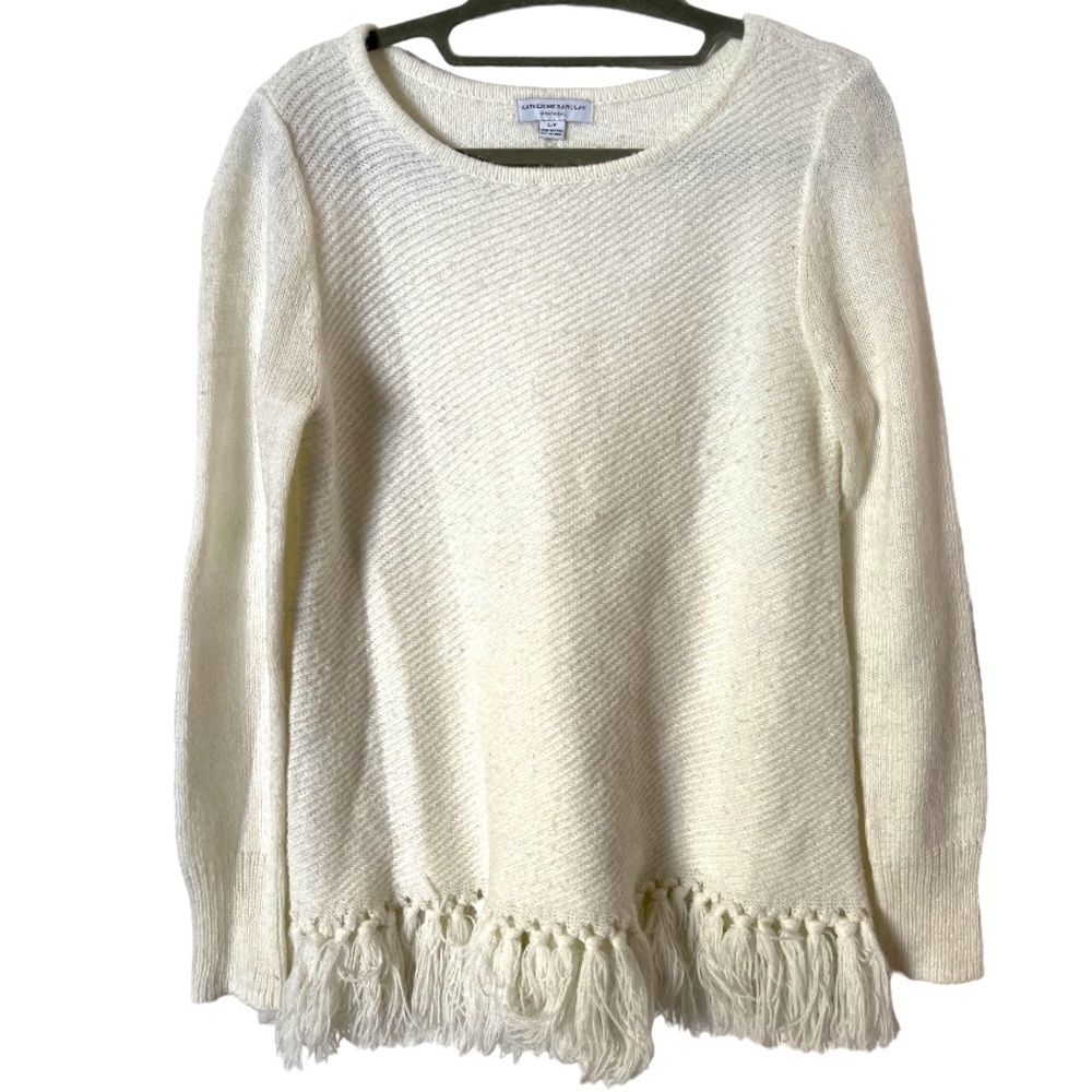 Katherine Barclay‎ Cream Crewneck Sweater With Fringe Hem